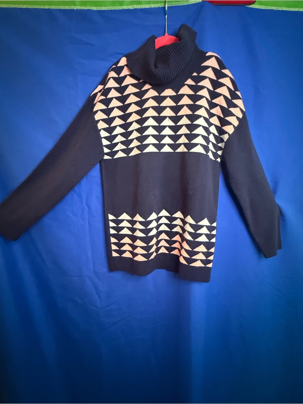 Girls Turtleneck Sweater in Navy and Pink - Geometric Knit 10-12